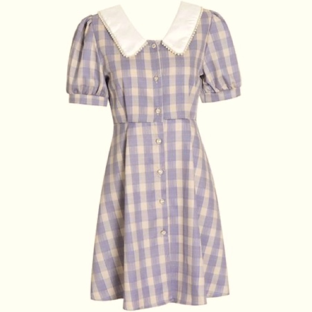Purple plaid mini-dress with pearl trimmed collar and crystal buttons